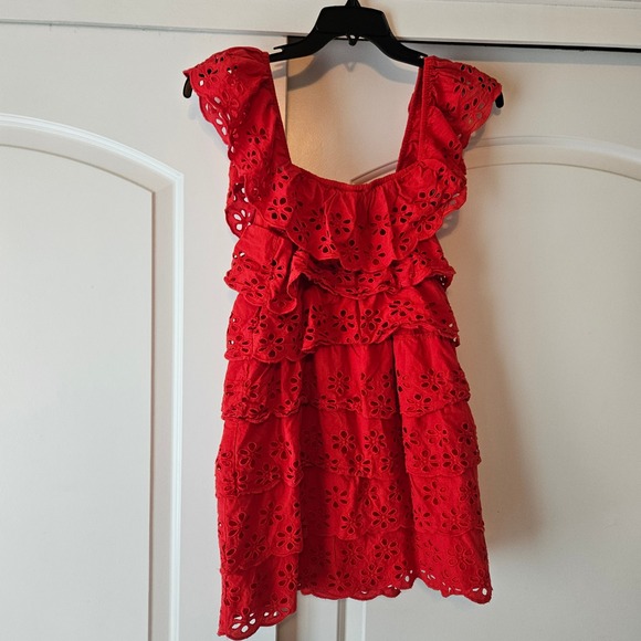 Show Me Your MuMu Dresses & Skirts - Show Me Your Mumu Lucy Mini Dress Large Cherry Eyelet Red Ruffle Tiered Cotton L